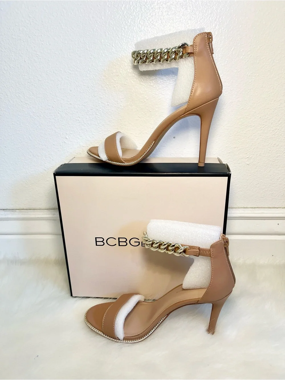 BCBGeneration Jadia Tan High Heel Sandal with Gold Chain Ankle Strap